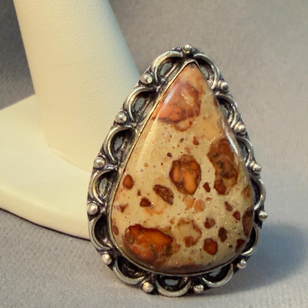 Jasper Ring Natural Stone Cabochon Silver Tone Statement Ring Size 10 - Picture 6 of 7